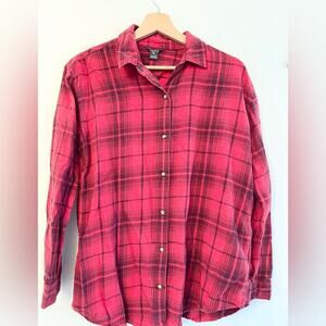 Eddie Bauer red plaid snap button flannel shirt cotton tencel blend medium